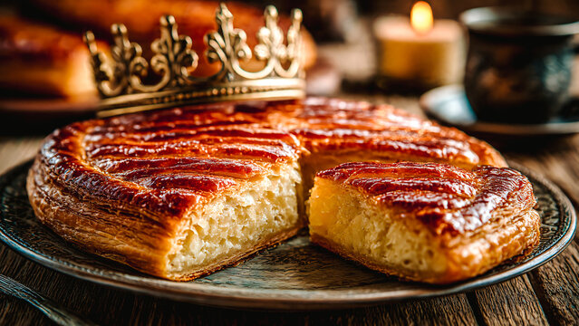 Galette des rois &agrave; la frangipane avec couronne