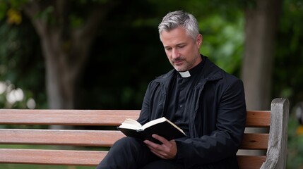 Obraz premium Priest studying book on park bench in shaded outdoor setting
