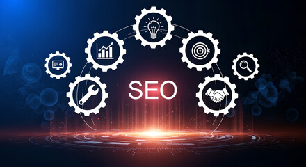 SEO Search Engine Optimization Digital Marketing Strategy Dark Blue Background Copy Space