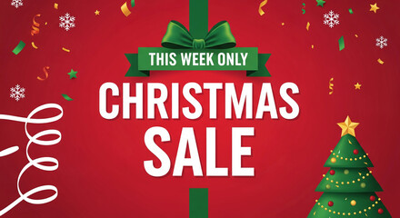 Festive red image displaying a Christmas tree and holiday ribbon, conveying a festive atmosphere and a seasonal sale concept for promotion