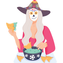 Illustration of a woman in a decorated witch hat and skull face paint holding tortilla chips and dipping them into a bowl of guacamole with a transparent background