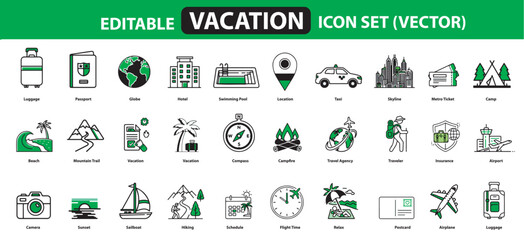 Travel Icon Set &ndash; White, Black & Green Lineal Icons for Airplane, Luggage, Passport, Hotel, Beach, Hiking & More