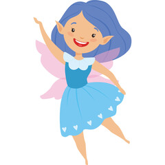 Joyful blue fairy with purple wings and blue dress with hearts dancing with one arm raised in a whimsical pose against a white background