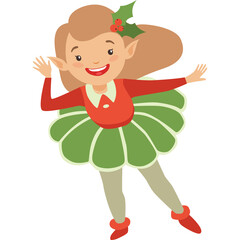 Joyful cartoon elf girl in festive red and green outfit with holly accents waving happily against a transparent background
