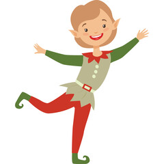 Joyful Elf Boy with Pointed Ears and Festive Outfit Dancing on Transparent Background