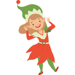 Joyful Christmas Elf Girl Wearing Red Dress and Green Hat with Pompom in a Festive Pose on White Background