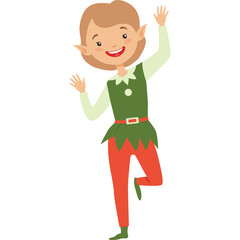Joyful Elf with Pointed Ears and Wavy Hair Wearing Green Tunic and Red Pants Waving Both Hands in Celebration