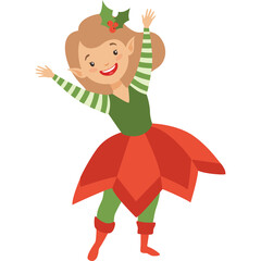 Joyful Elf Character Wearing Green and Red Outfit with Striped Sleeves and Festive Holly Headdress
