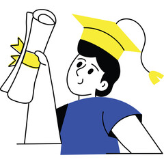 Joyful Graduate Wearing Yellow Cap and Blue Shirt Holding Diploma Scroll with Yellow Ribbon On Transparent Background Celebrating Academic Achievement