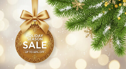 Image featuring gold ornament with ribbon, green pine branch with snow, gold snowflake and bokeh background, representing holiday season, sale and celebration