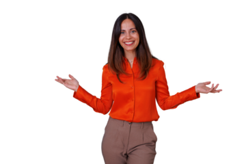 Young woman smiling, welcoming audience, presenting information, shrugging with open hands, transparent background