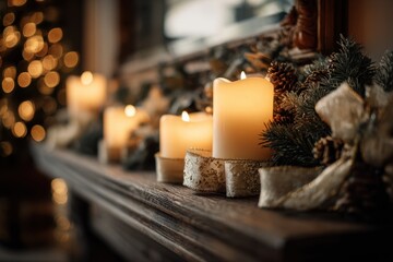 Cozy christmas candles glowing on a wooden mantel