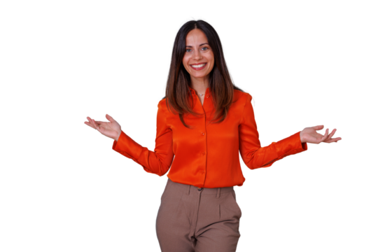 Young woman smiling, welcoming audience, presenting information, shrugging with open hands, transparent background