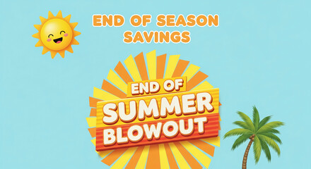 Cartoon sun, text "End of Summer Blowout", and palm tree against a blue background, representing end-of-season sale event and related promotional material