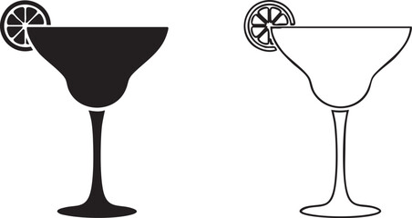 Black silhouette and outline of a margarita cocktail glass with lime slice isolated on transparent background