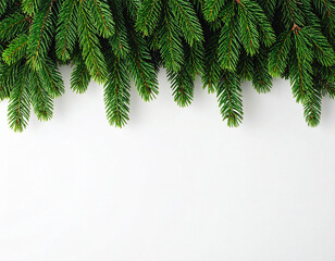 Obraz premium Lush Green Fir Branches Creating a Natural Holiday Border on a Clean White Background.