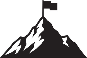 Black silhouette of a mountain peak with a flag on top isolated on transparent background
