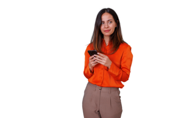 Woman working with smartphone, texting and thinking, professional female connecting, on transparent background