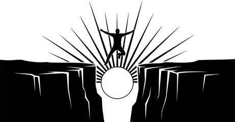 Man jumping silhouette between cliffs at sunrise — motivational success and challenge concept for design and business visuals	