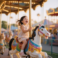 Fototapeta premium Happy Little Girl Riding Carousel Horse at Amusement Park
