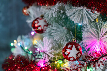 christmas card with baubles and holiday lights