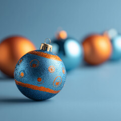 Blue and Copper Glitter Christmas Baubles Arranged in a Row on Blue Background with Selective Focus 