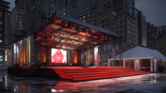 Grand outdoor event stage with red carpet and large screen in an urban setting, featuring professional lighting and reflections.