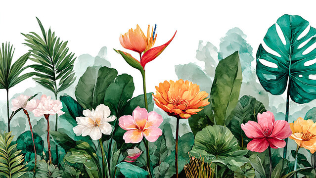 V&eacute;g&eacute;tation tropicale avec feuillage et fleurs