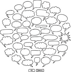 Fototapeta premium Collection of hand drawn speech bubbles and thought clouds silhouette isolated on transparent background