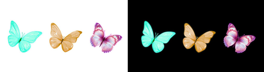 PNG Image of Watercolor butterflies in vibrant colors of turquoise gold and pink create a whimsical and artistic design perfect for stationery and crafts on transparent background