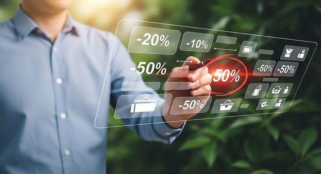 Man Interacting with Digital Interface Displaying Discounts and Shopping Icons. - Powered by Adobe