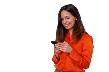 Woman smiling while using phone, texting, browsing social media on smartphone with transparent background