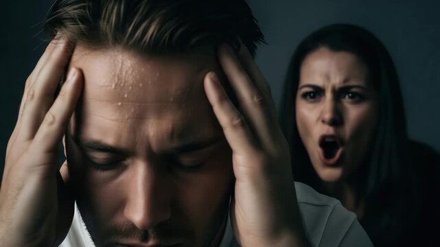 Stressed depressed man holding head suffering from headache while angry wife shouting and blaming in background, concept of divorce, family crisis and emotional abuse