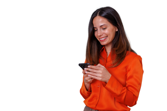 Woman smiling while using phone, texting, browsing social media on smartphone with transparent background