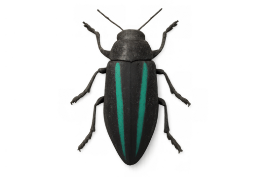 Black beetle showing two turquoise stripes on its back, isolated against a transparent background, top-down view