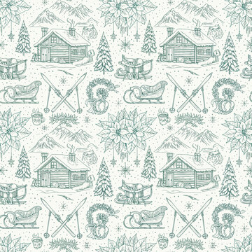 Alpine Chalet Christmas Engraving Seamless Teal-Green Toile Pattern with Skis, Sleds & Poinsettias - High-Detail VectorSVG Tile (Non-Commercial Use)