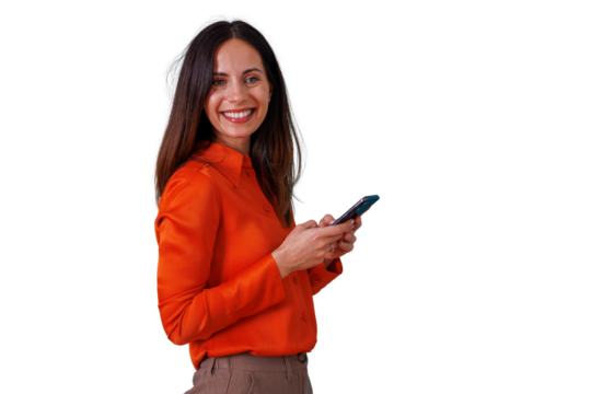 Happy businesswoman smiling while using smartphone, standing on transparent background, enjoying digital communication