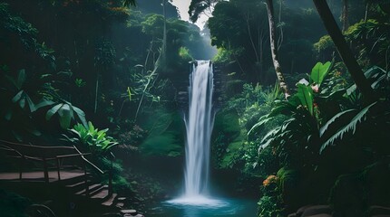 Amazing waterfall surrounded by lush green vegetation and tropical plants near Ubud in Bali, Indonesia, with a serene and misty atmosphere, warm natural light, and a clear blue sky,