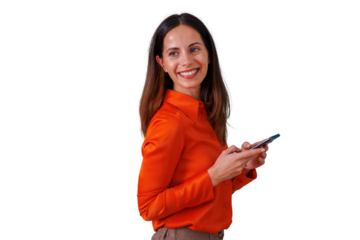 Happy young woman smiling while holding smartphone, texting and interacting on social media, using digital technology