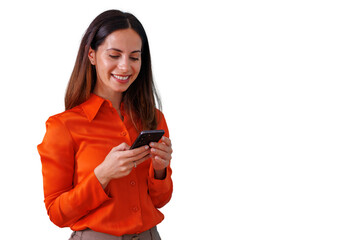 Woman smiling while using smartphone for messaging and social media, connecting with digital technology, transparent background