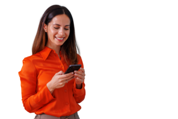 Woman smiling while using smartphone for messaging and social media, connecting with digital technology, transparent background