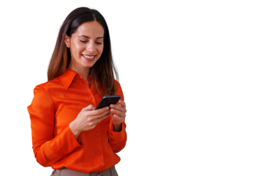 Woman smiling while using smartphone for messaging and social media, connecting with digital technology, transparent background