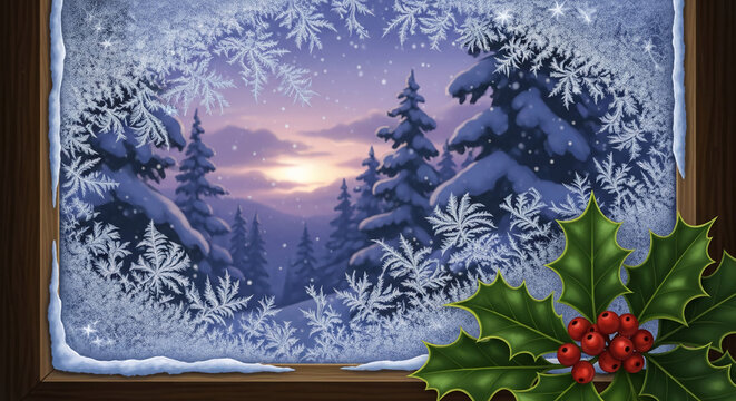 Illustration of winter scene through icy window with trees, snowflakes and holly. Represents holiday season, Christmas, and winter's beauty - Powered by Adobe