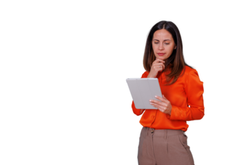 Professional woman thinking deeply, holding digital tablet, contemplating business strategy on transparent background