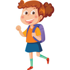 Happy Young Girl With Pigtails And Backpack Walking To School With A Smile On Her Face And Orange Shirt And Blue Skirt