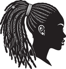 Profile silhouette of a woman with dreadlocks tied in a ponytail isolated on transparent background
