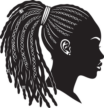 Profile silhouette of a woman with dreadlocks tied in a ponytail isolated on transparent background
