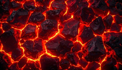 A high-contrast, cinematic texture of dark, fractured stone and lava rocks with intense red-orange light glowing from the cracks, simulating a molten surface.