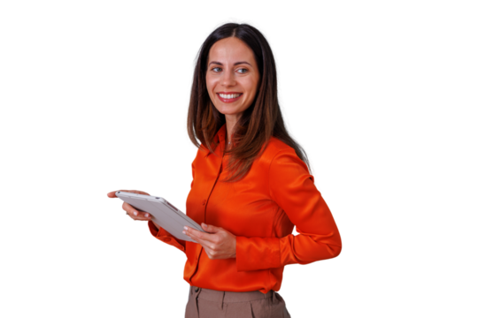 Young businesswoman smiling, using a tablet for managing digital tasks and business communication. Transparent background - Powered by Adobe