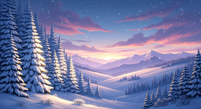 Illustration of a snowy landscape with coniferous trees, mountains and falling snow, representing winter serenity and peaceful nature scene - Powered by Adobe